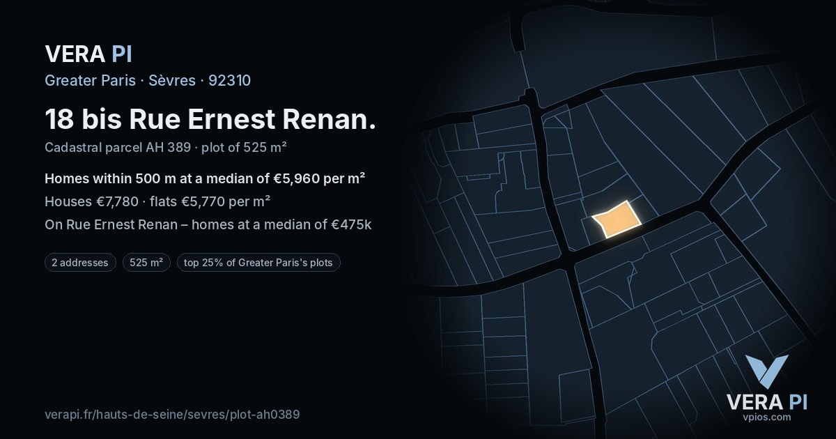 18 bis Rue Ernest Renan, Sèvres at night – the plot lit, the parcels around coloured by the prices near them