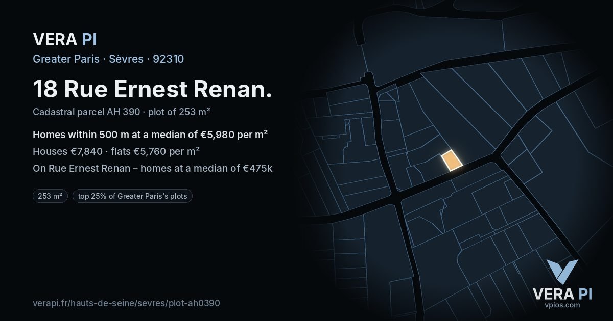 18 Rue Ernest Renan, Sèvres at night – the plot lit, the parcels around coloured by the prices near them