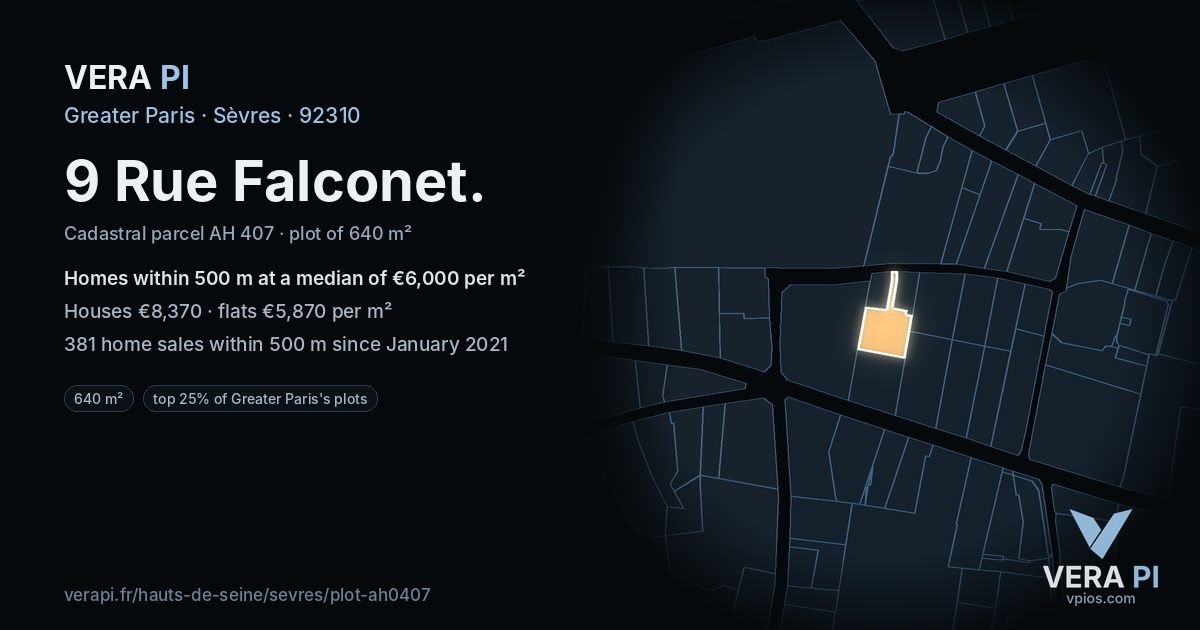 9 Rue Falconet, Sèvres at night – the plot lit, the parcels around coloured by the prices near them