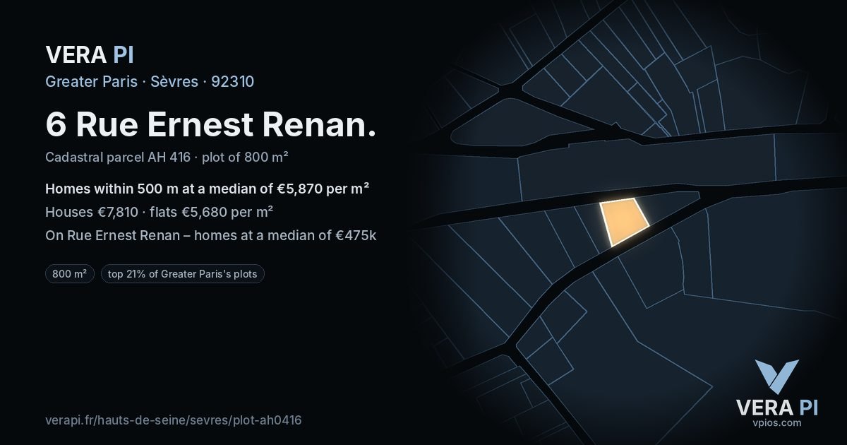6 Rue Ernest Renan, Sèvres at night – the plot lit, the parcels around coloured by the prices near them