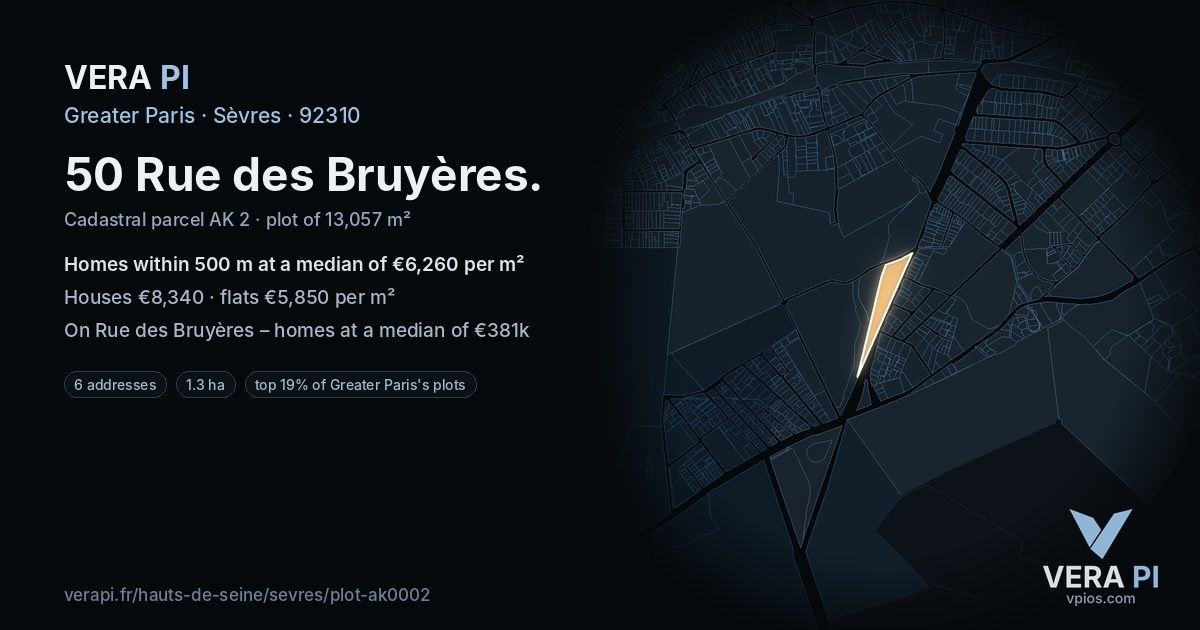 50 Rue des Bruyères, Sèvres at night – the plot lit, the parcels around coloured by the prices near them