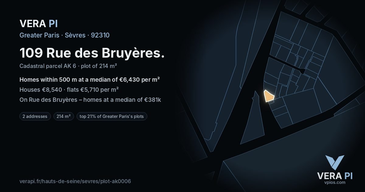109 Rue des Bruyères, Sèvres at night – the plot lit, the parcels around coloured by the prices near them