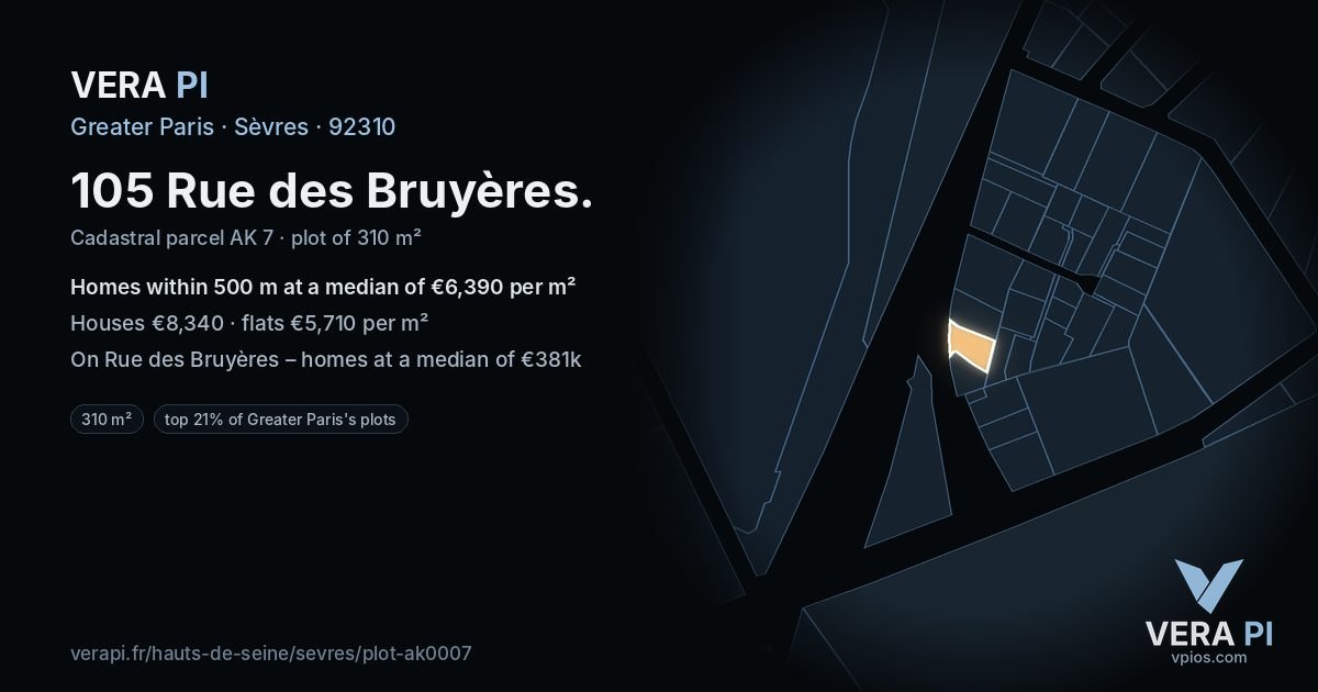105 Rue des Bruyères, Sèvres at night – the plot lit, the parcels around coloured by the prices near them