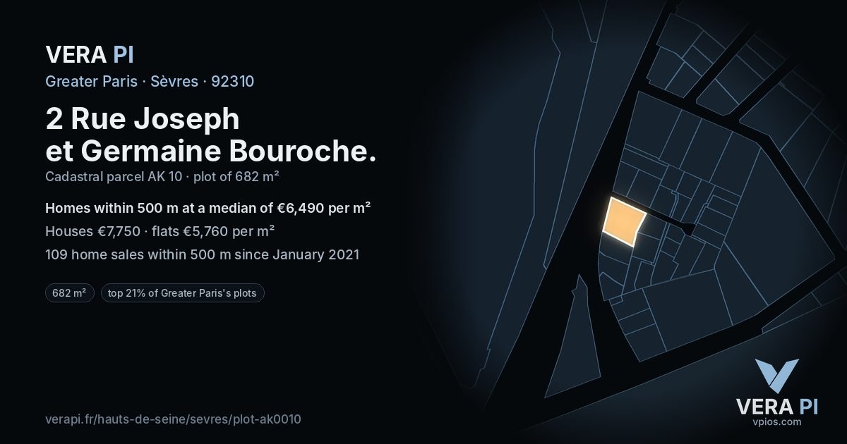2 Rue Joseph et Germaine Bouroche, Sèvres at night – the plot lit, the parcels around coloured by the prices near them