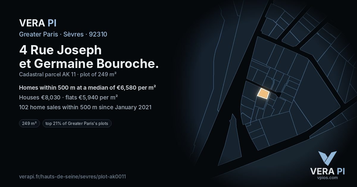 4 Rue Joseph et Germaine Bouroche, Sèvres at night – the plot lit, the parcels around coloured by the prices near them