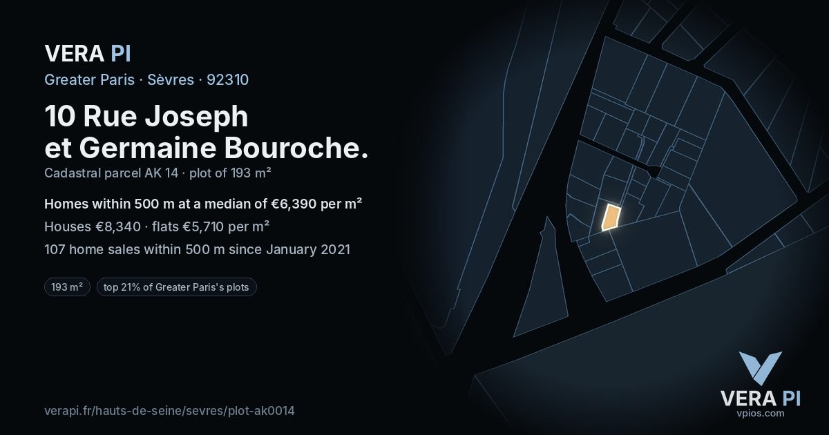 10 Rue Joseph et Germaine Bouroche, Sèvres at night – the plot lit, the parcels around coloured by the prices near them