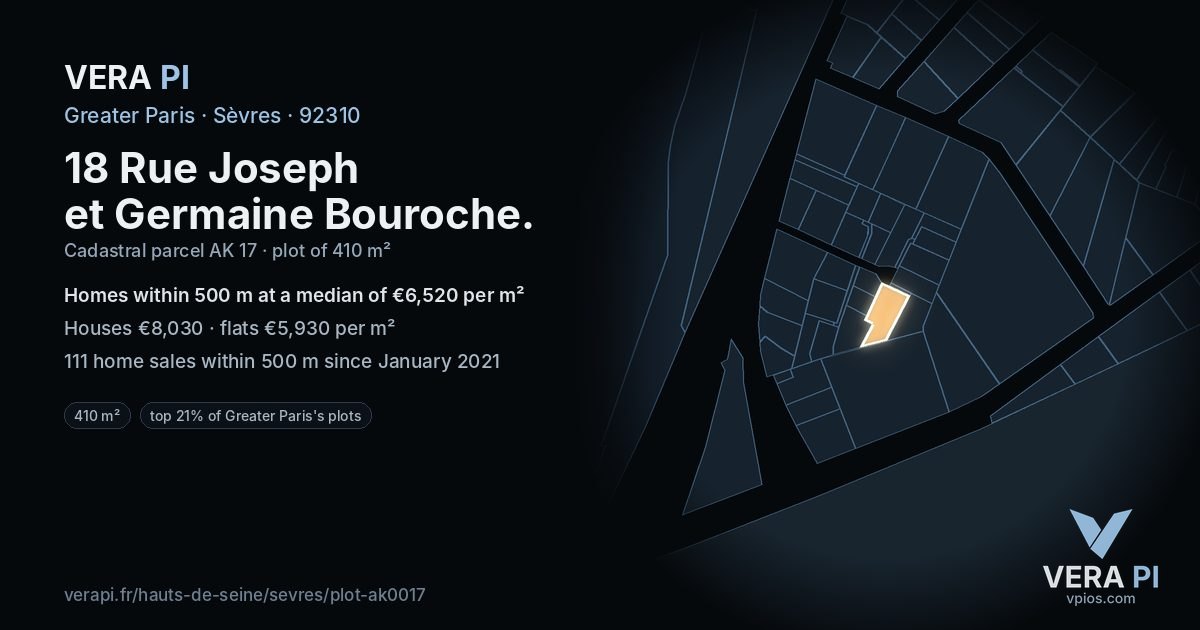18 Rue Joseph et Germaine Bouroche, Sèvres at night – the plot lit, the parcels around coloured by the prices near them