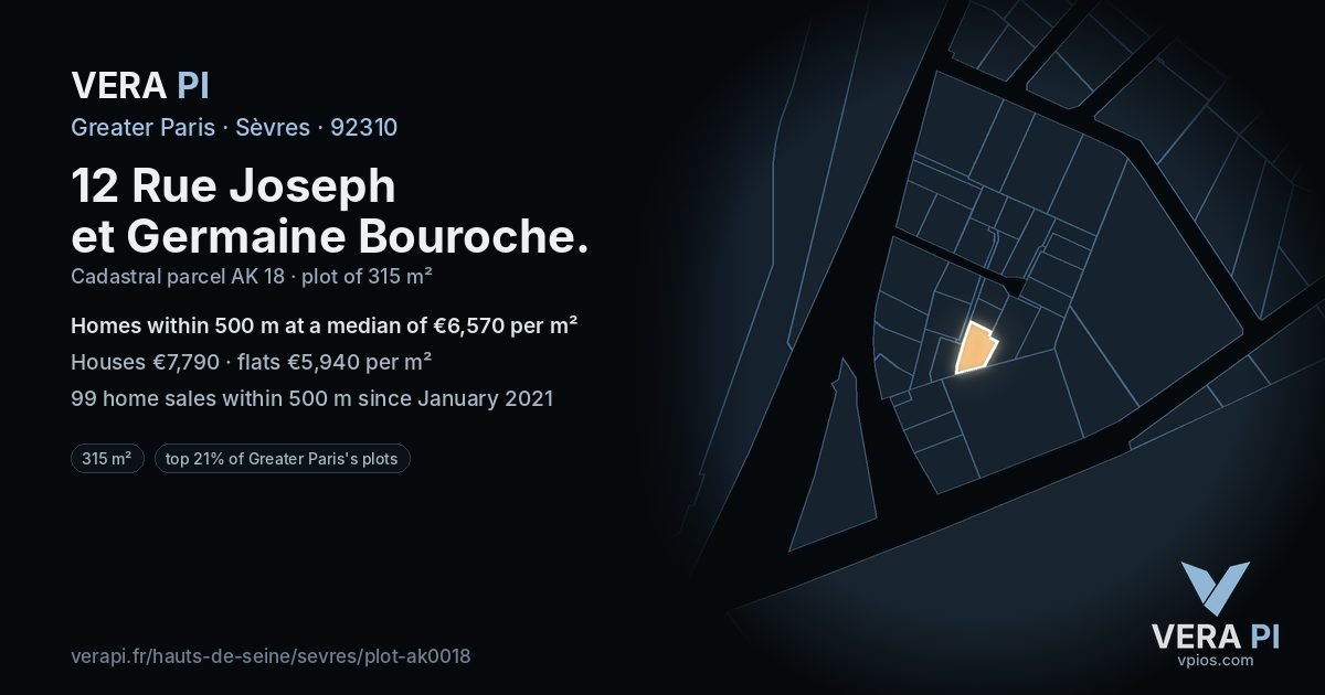 12 Rue Joseph et Germaine Bouroche, Sèvres at night – the plot lit, the parcels around coloured by the prices near them