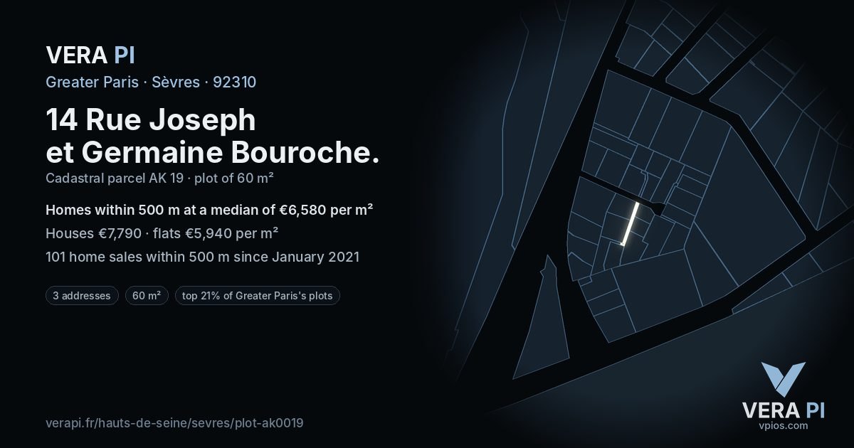 14 Rue Joseph et Germaine Bouroche, Sèvres at night – the plot lit, the parcels around coloured by the prices near them