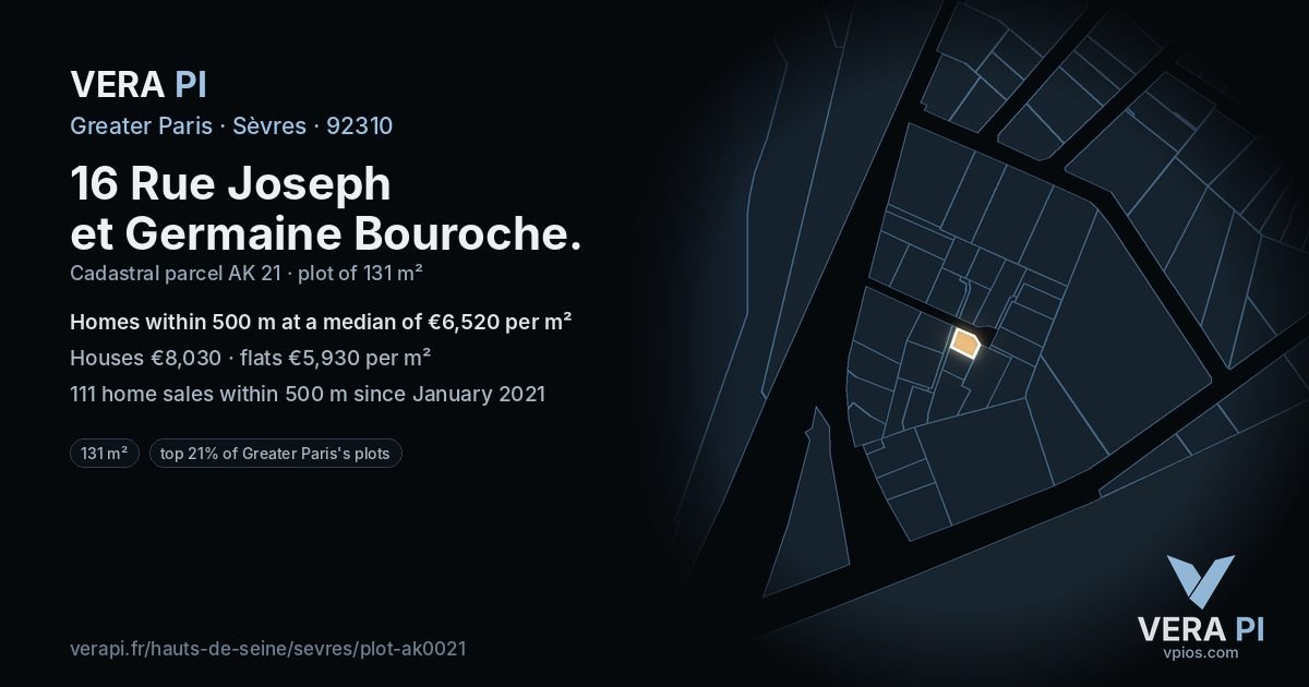 16 Rue Joseph et Germaine Bouroche, Sèvres at night – the plot lit, the parcels around coloured by the prices near them