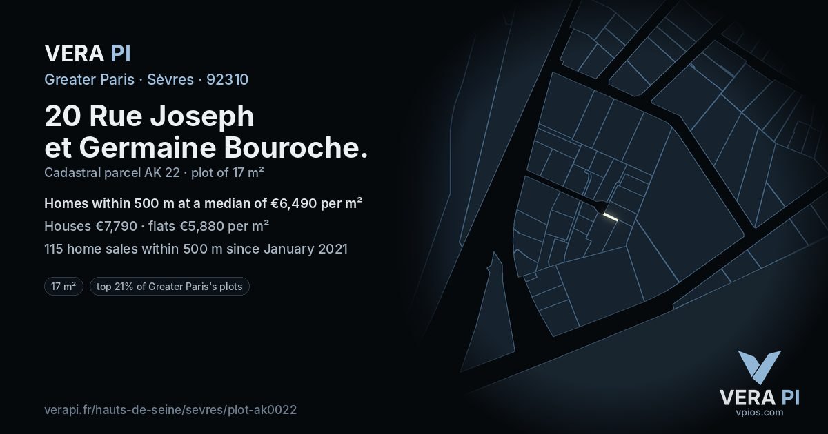 20 Rue Joseph et Germaine Bouroche, Sèvres at night – the plot lit, the parcels around coloured by the prices near them