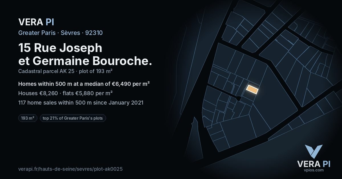 15 Rue Joseph et Germaine Bouroche, Sèvres at night – the plot lit, the parcels around coloured by the prices near them