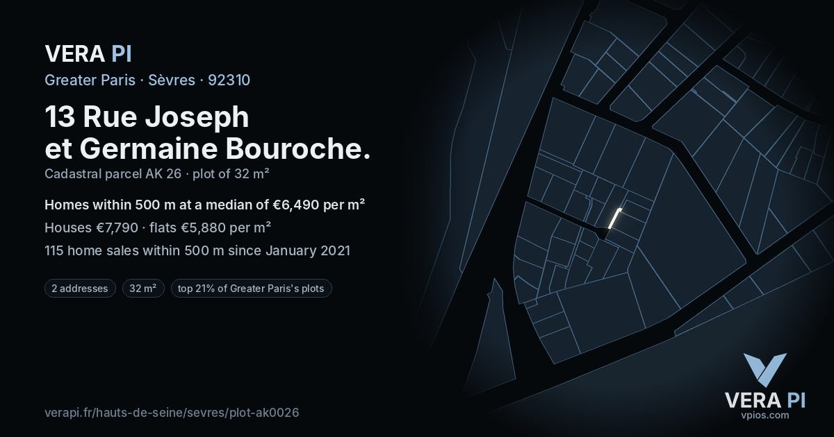 13 Rue Joseph et Germaine Bouroche, Sèvres at night – the plot lit, the parcels around coloured by the prices near them