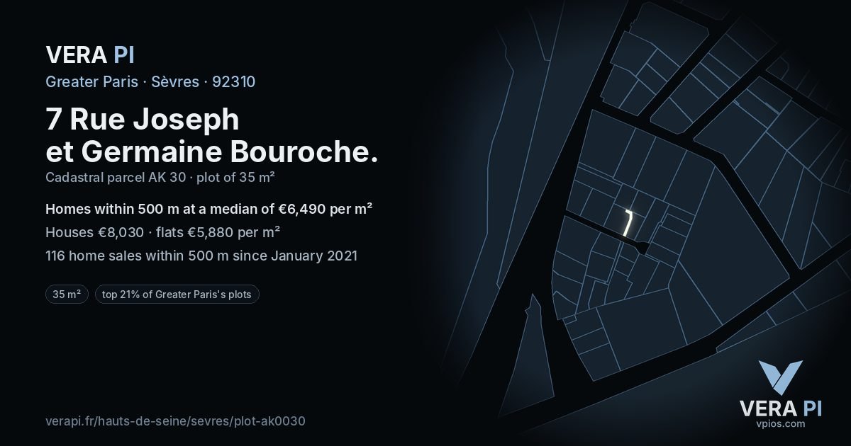 7 Rue Joseph et Germaine Bouroche, Sèvres at night – the plot lit, the parcels around coloured by the prices near them
