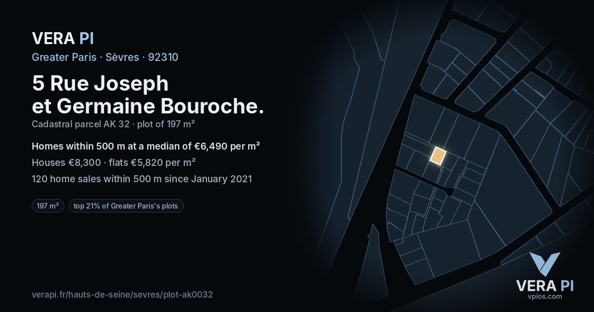 5 Rue Joseph et Germaine Bouroche, Sèvres at night – the plot lit, the parcels around coloured by the prices near them