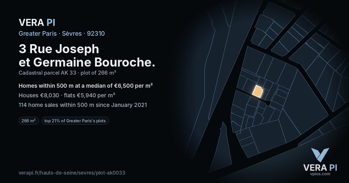 3 Rue Joseph et Germaine Bouroche, Sèvres at night – the plot lit, the parcels around coloured by the prices near them