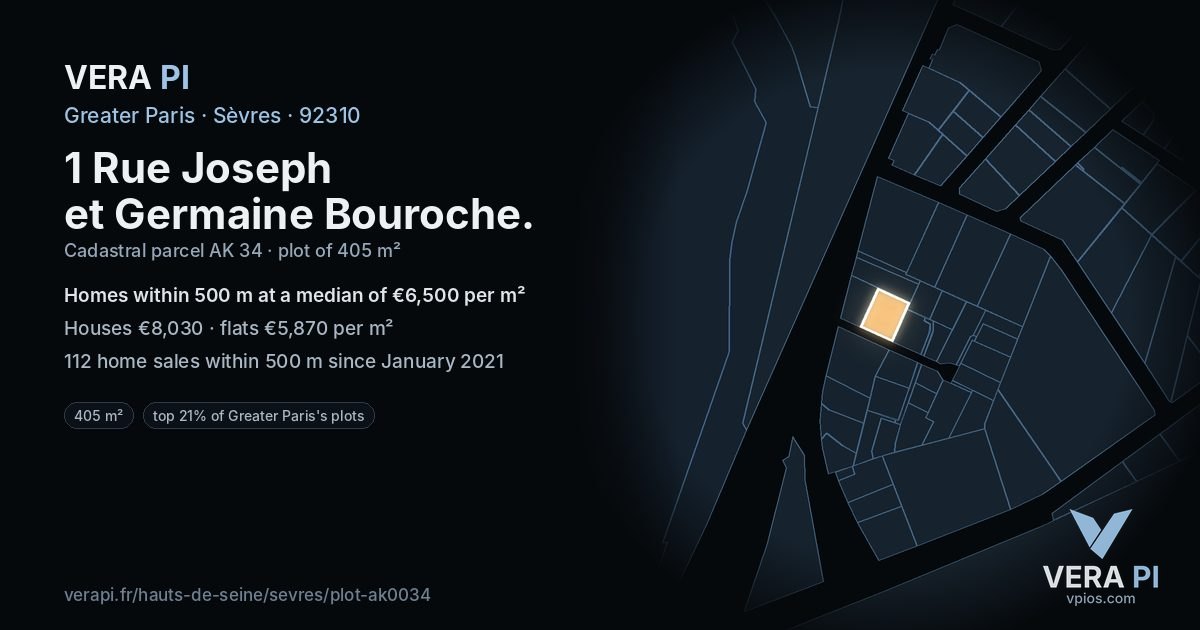 1 Rue Joseph et Germaine Bouroche, Sèvres at night – the plot lit, the parcels around coloured by the prices near them