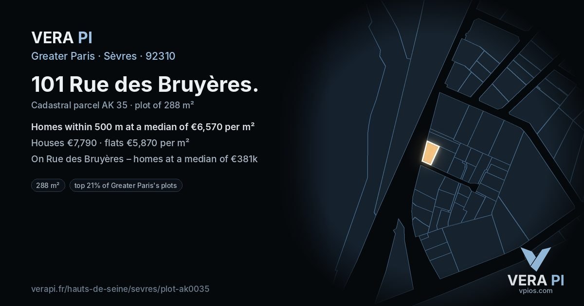 101 Rue des Bruyères, Sèvres at night – the plot lit, the parcels around coloured by the prices near them