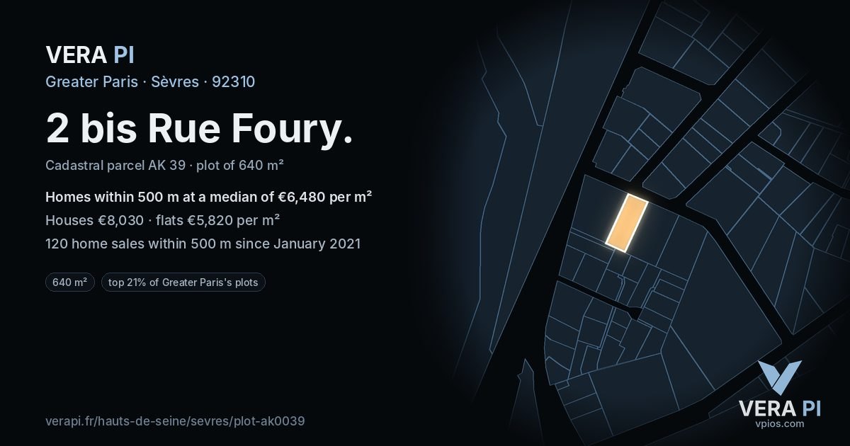 2 bis Rue Foury, Sèvres at night – the plot lit, the parcels around coloured by the prices near them
