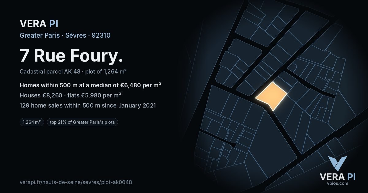 7 Rue Foury, Sèvres at night – the plot lit, the parcels around coloured by the prices near them