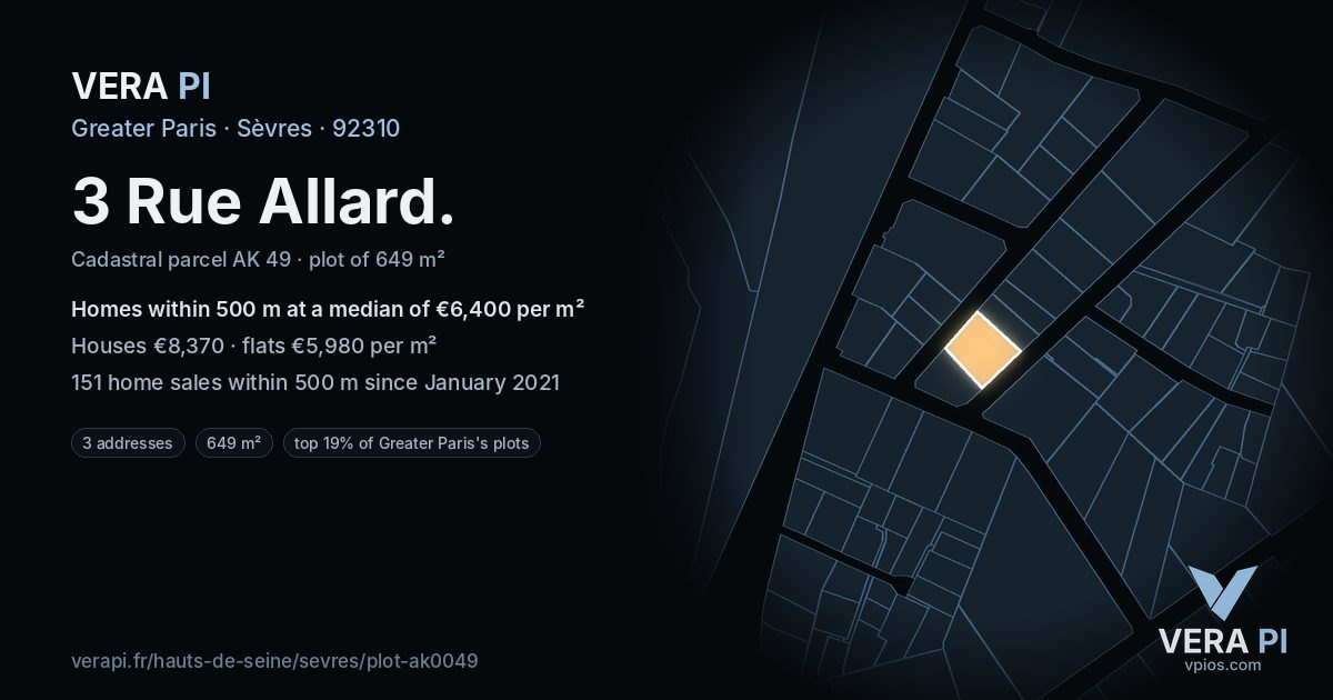 3 Rue Allard, Sèvres at night – the plot lit, the parcels around coloured by the prices near them