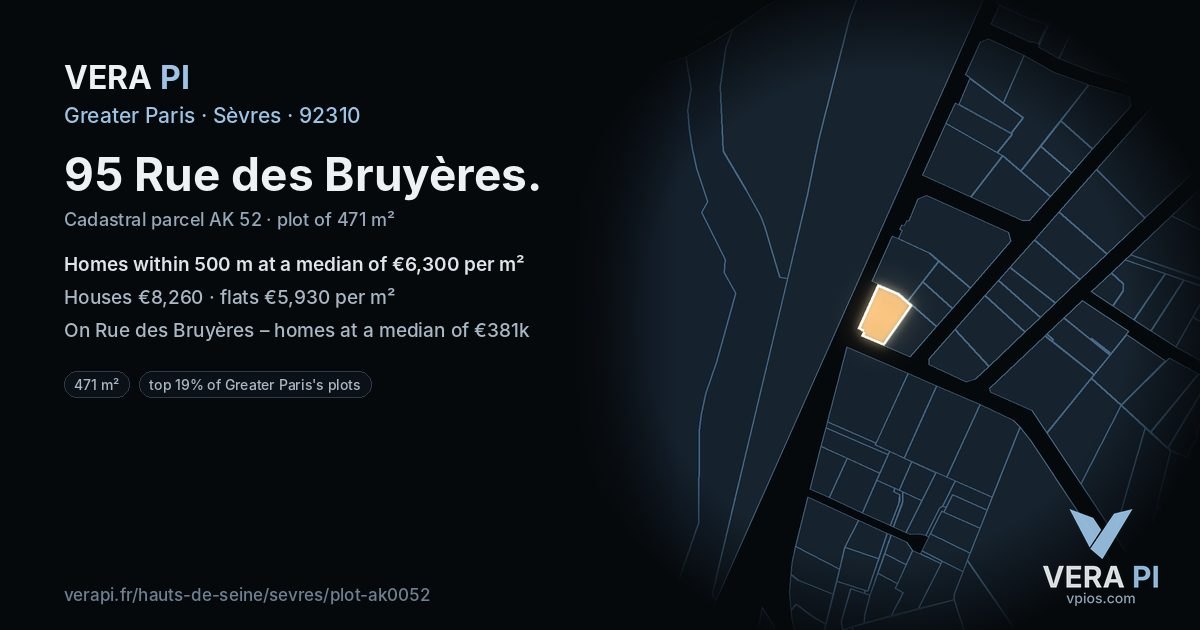 95 Rue des Bruyères, Sèvres at night – the plot lit, the parcels around coloured by the prices near them