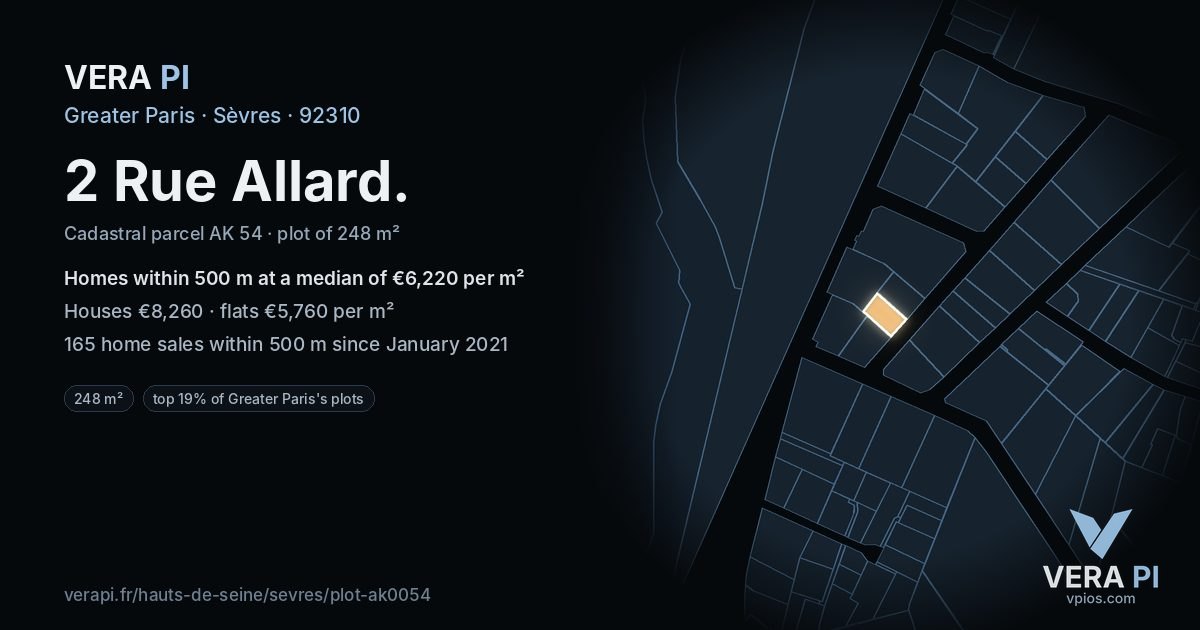2 Rue Allard, Sèvres at night – the plot lit, the parcels around coloured by the prices near them