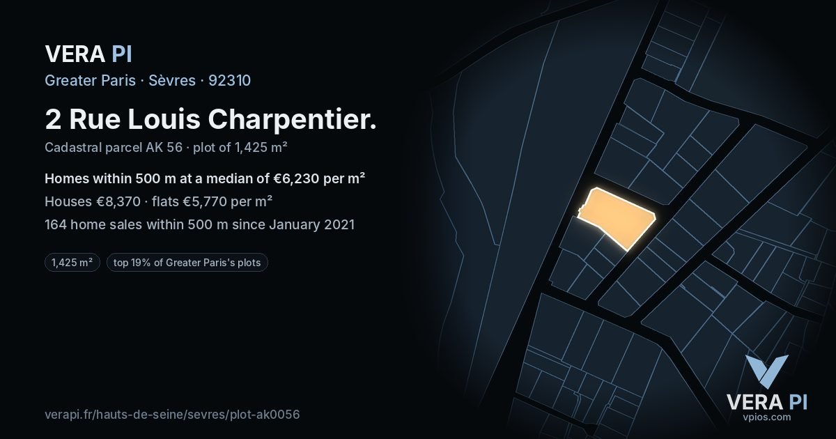 2 Rue Louis Charpentier, Sèvres at night – the plot lit, the parcels around coloured by the prices near them