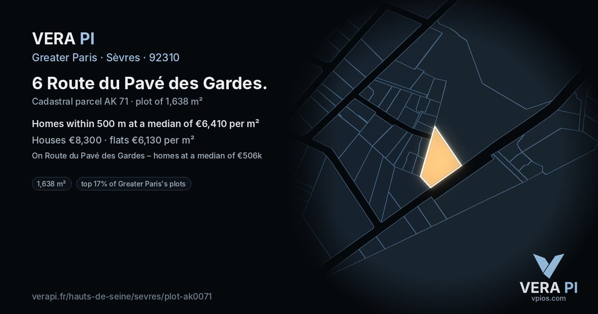 6 Route du Pavé des Gardes, Sèvres at night – the plot lit, the parcels around coloured by the prices near them