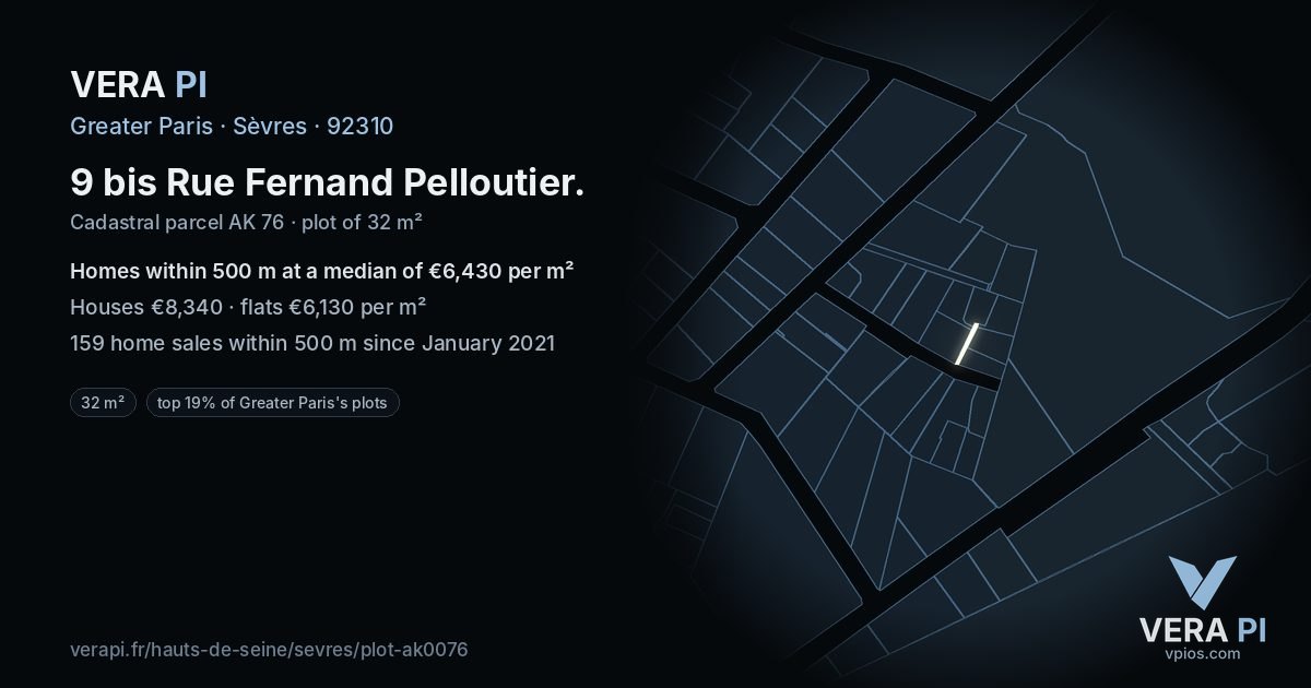 9 bis Rue Fernand Pelloutier, Sèvres at night – the plot lit, the parcels around coloured by the prices near them