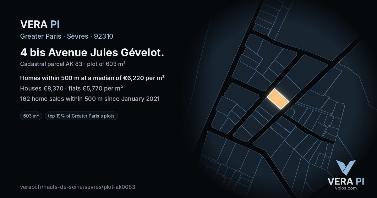 4 bis Avenue Jules Gévelot, Sèvres at night – the plot lit, the parcels around coloured by the prices near them