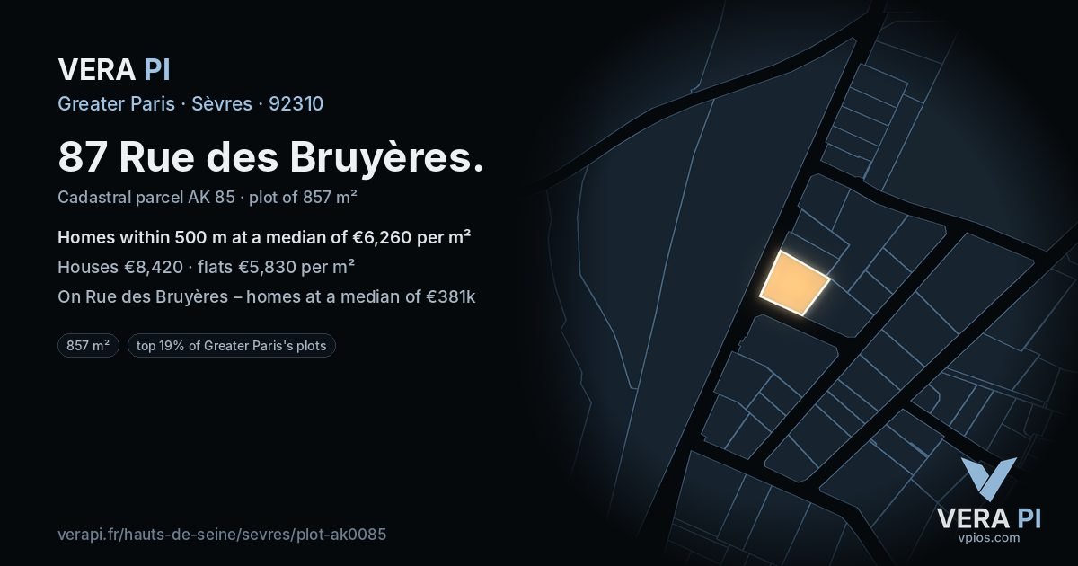 87 Rue des Bruyères, Sèvres at night – the plot lit, the parcels around coloured by the prices near them