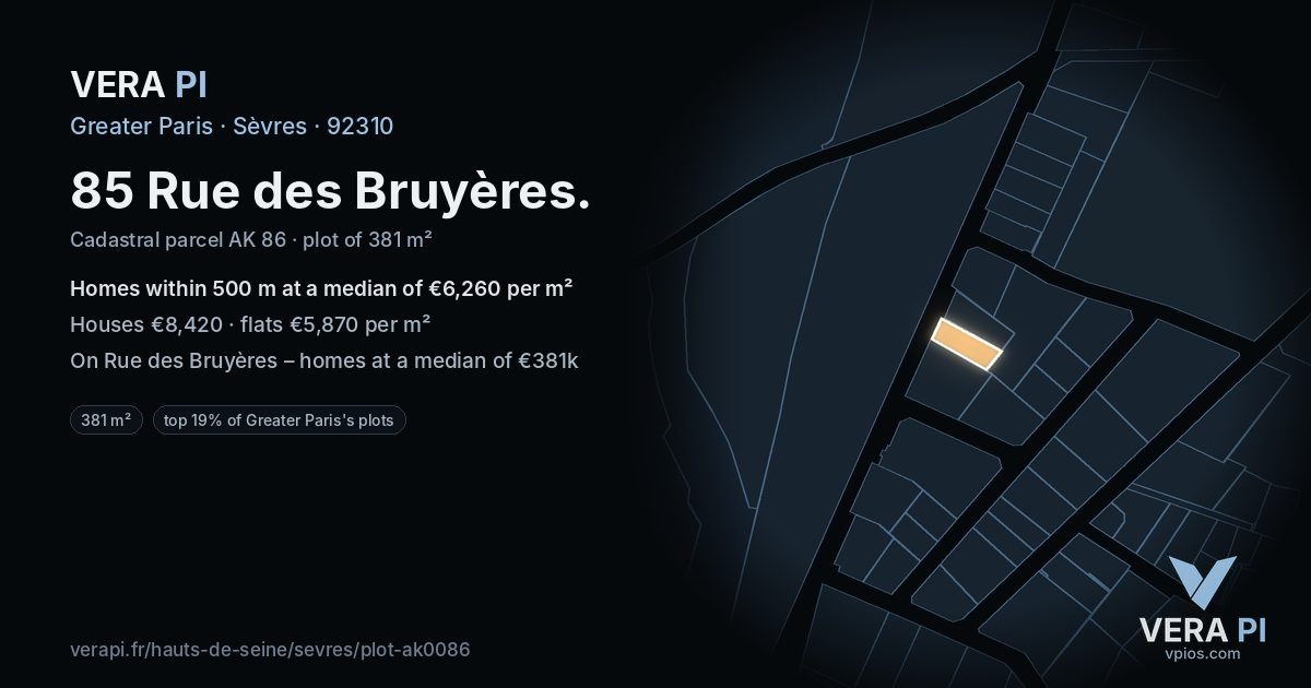 85 Rue des Bruyères, Sèvres at night – the plot lit, the parcels around coloured by the prices near them