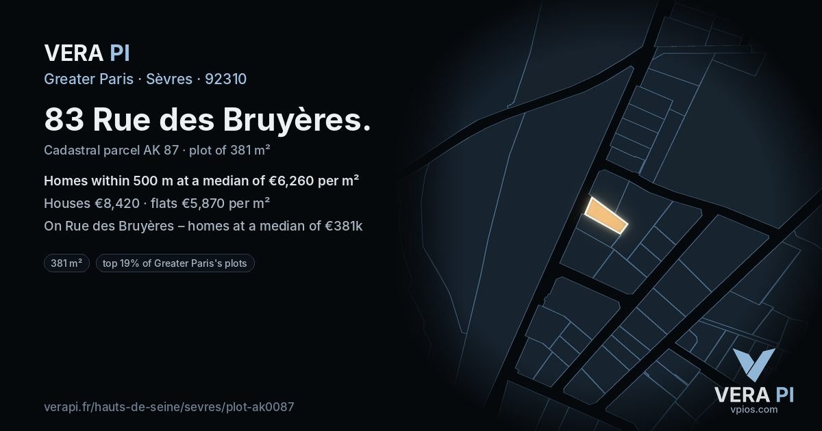 83 Rue des Bruyères, Sèvres at night – the plot lit, the parcels around coloured by the prices near them