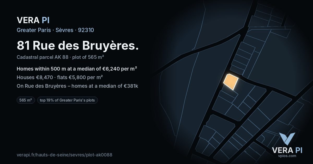 81 Rue des Bruyères, Sèvres at night – the plot lit, the parcels around coloured by the prices near them
