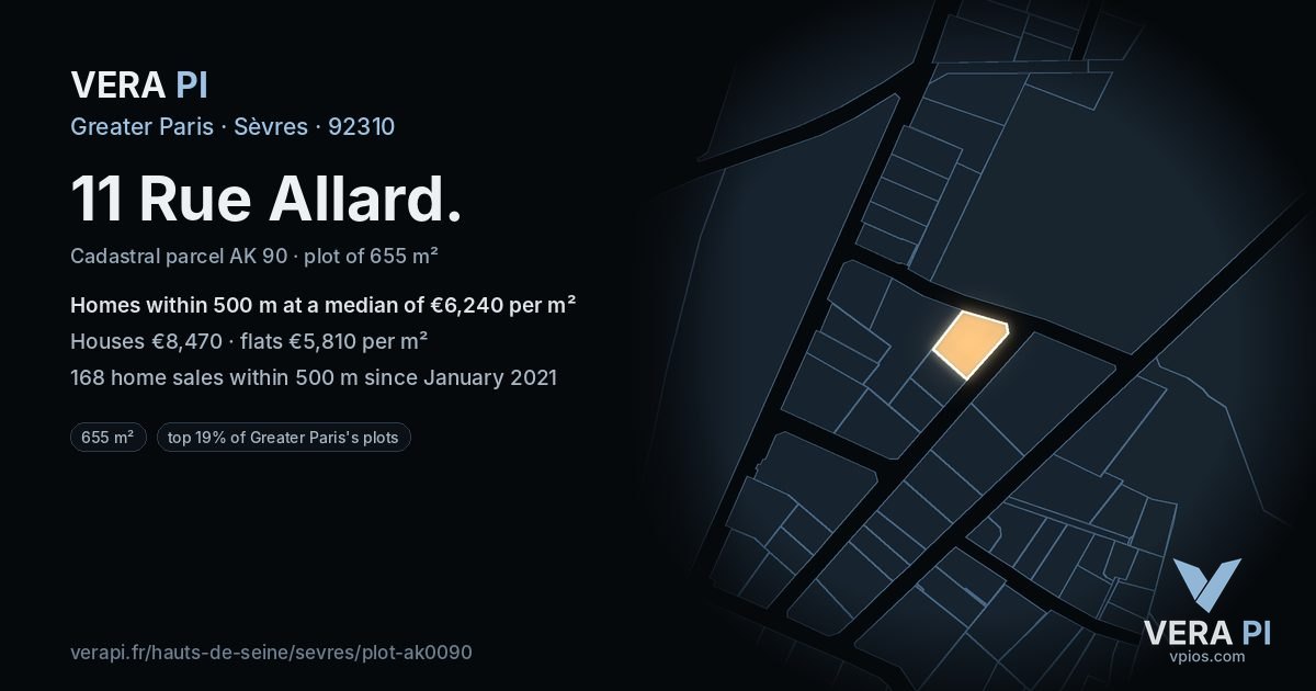 11 Rue Allard, Sèvres at night – the plot lit, the parcels around coloured by the prices near them