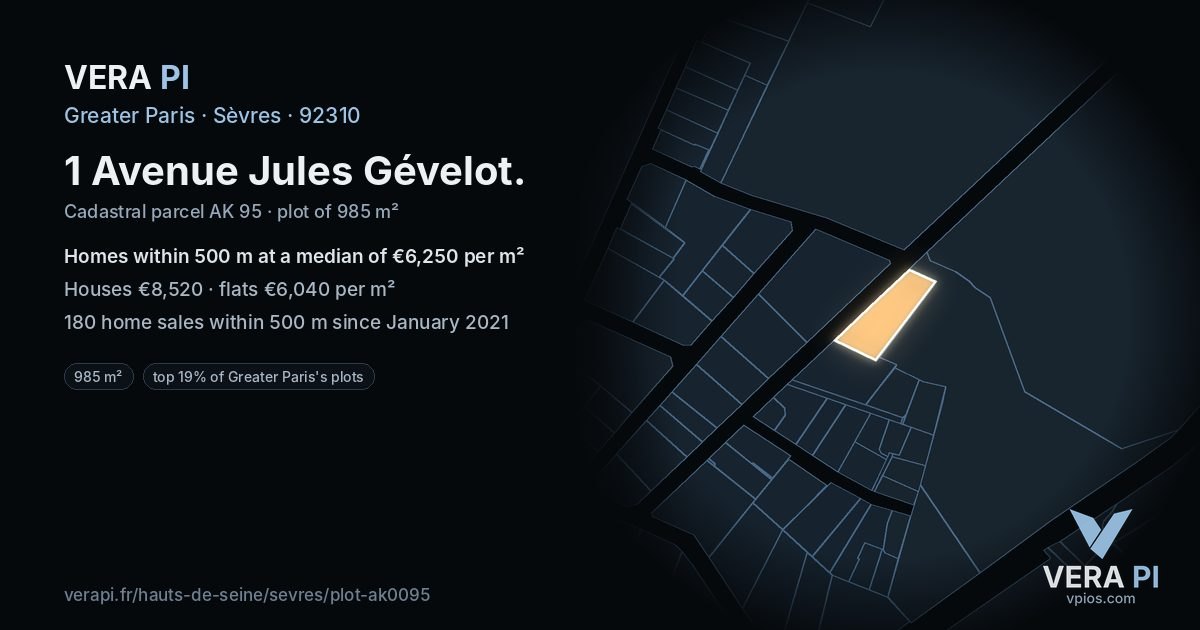 1 Avenue Jules Gévelot, Sèvres at night – the plot lit, the parcels around coloured by the prices near them