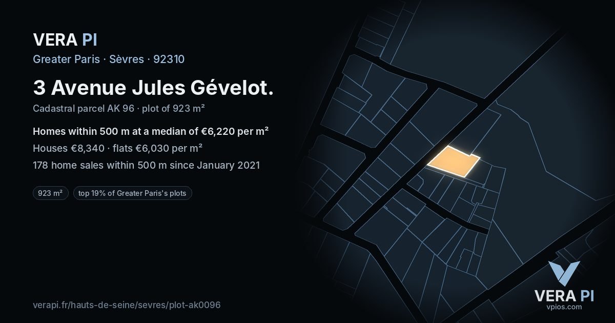 3 Avenue Jules Gévelot, Sèvres at night – the plot lit, the parcels around coloured by the prices near them