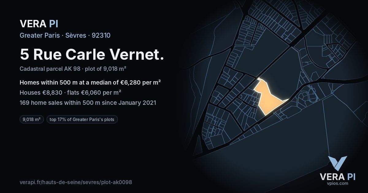 5 Rue Carle Vernet, Sèvres at night – the plot lit, the parcels around coloured by the prices near them