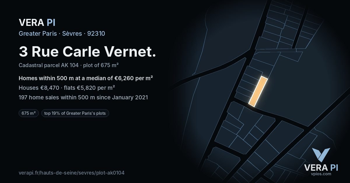 3 Rue Carle Vernet, Sèvres at night – the plot lit, the parcels around coloured by the prices near them