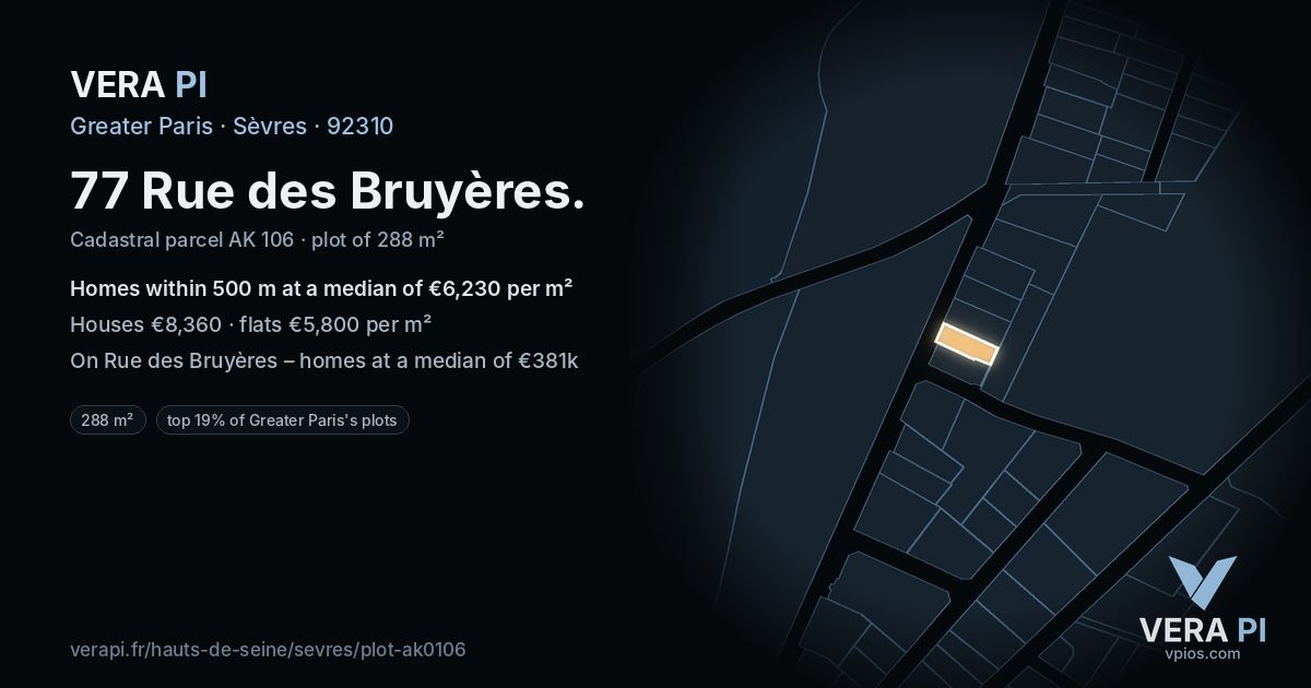 77 Rue des Bruyères, Sèvres at night – the plot lit, the parcels around coloured by the prices near them