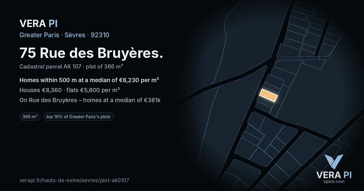 75 Rue des Bruyères, Sèvres at night – the plot lit, the parcels around coloured by the prices near them
