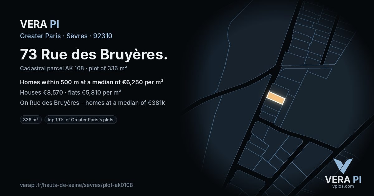 73 Rue des Bruyères, Sèvres at night – the plot lit, the parcels around coloured by the prices near them