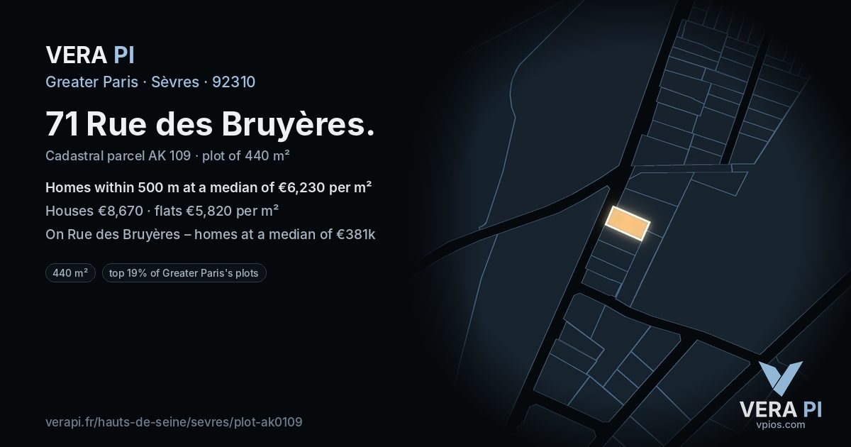 71 Rue des Bruyères, Sèvres at night – the plot lit, the parcels around coloured by the prices near them