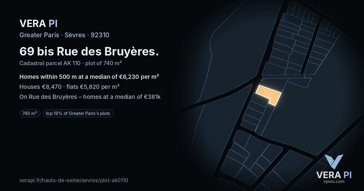 69 bis Rue des Bruyères, Sèvres at night – the plot lit, the parcels around coloured by the prices near them