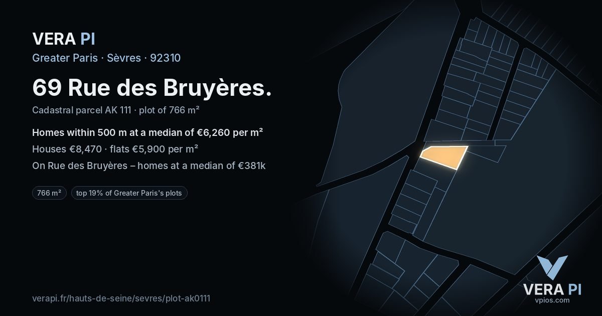 69 Rue des Bruyères, Sèvres at night – the plot lit, the parcels around coloured by the prices near them