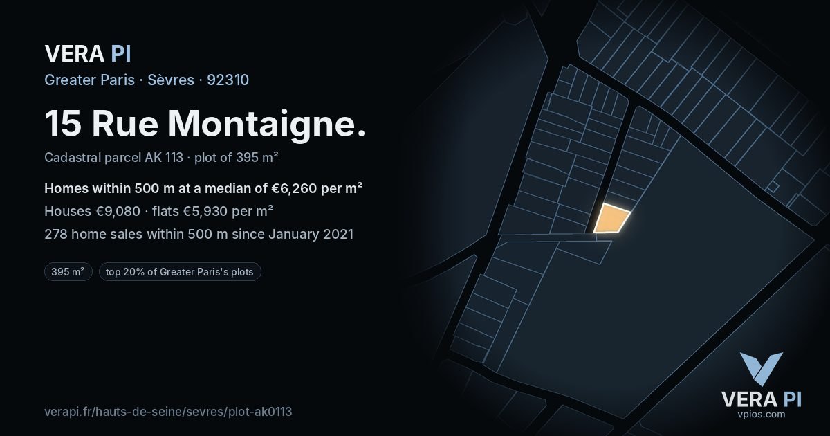 15 Rue Montaigne, Sèvres at night – the plot lit, the parcels around coloured by the prices near them