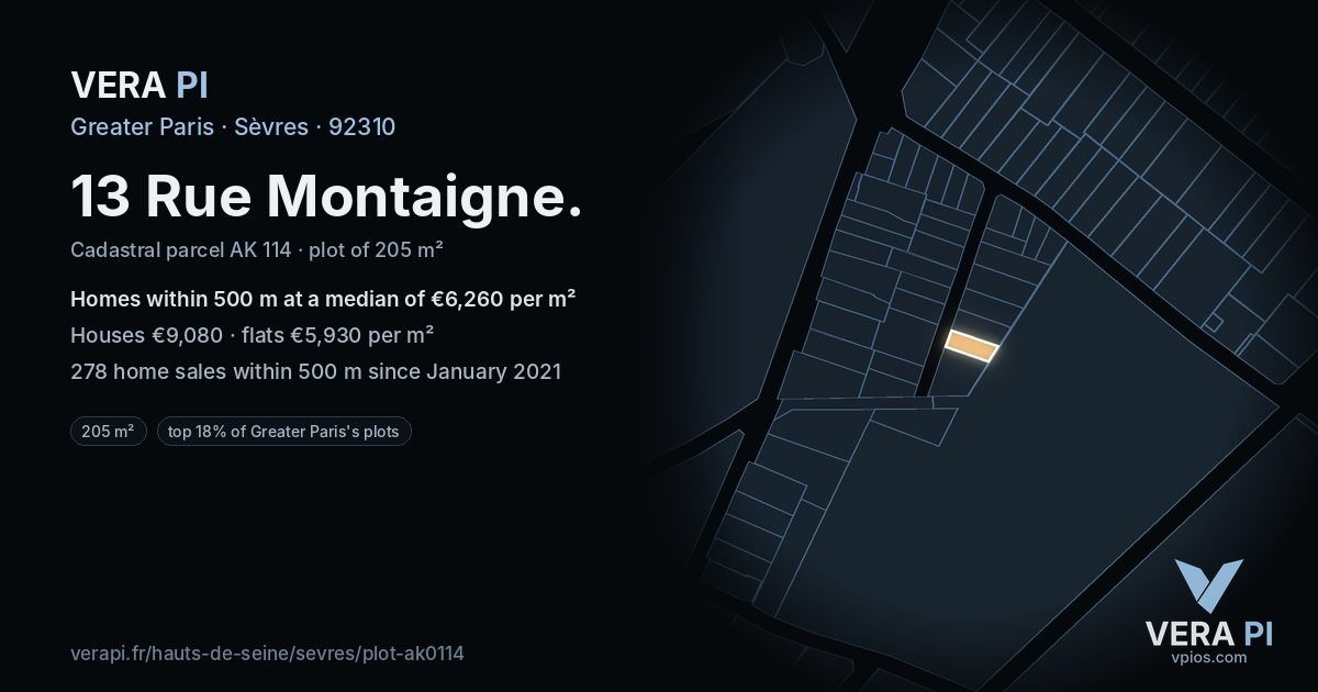 13 Rue Montaigne, Sèvres at night – the plot lit, the parcels around coloured by the prices near them