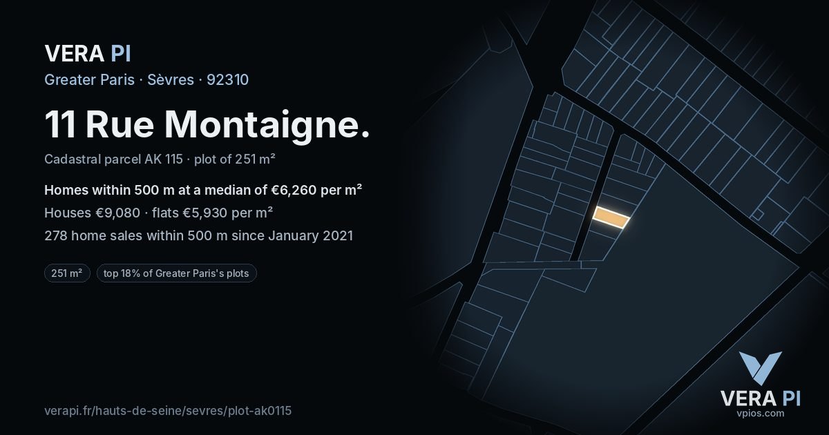 11 Rue Montaigne, Sèvres at night – the plot lit, the parcels around coloured by the prices near them