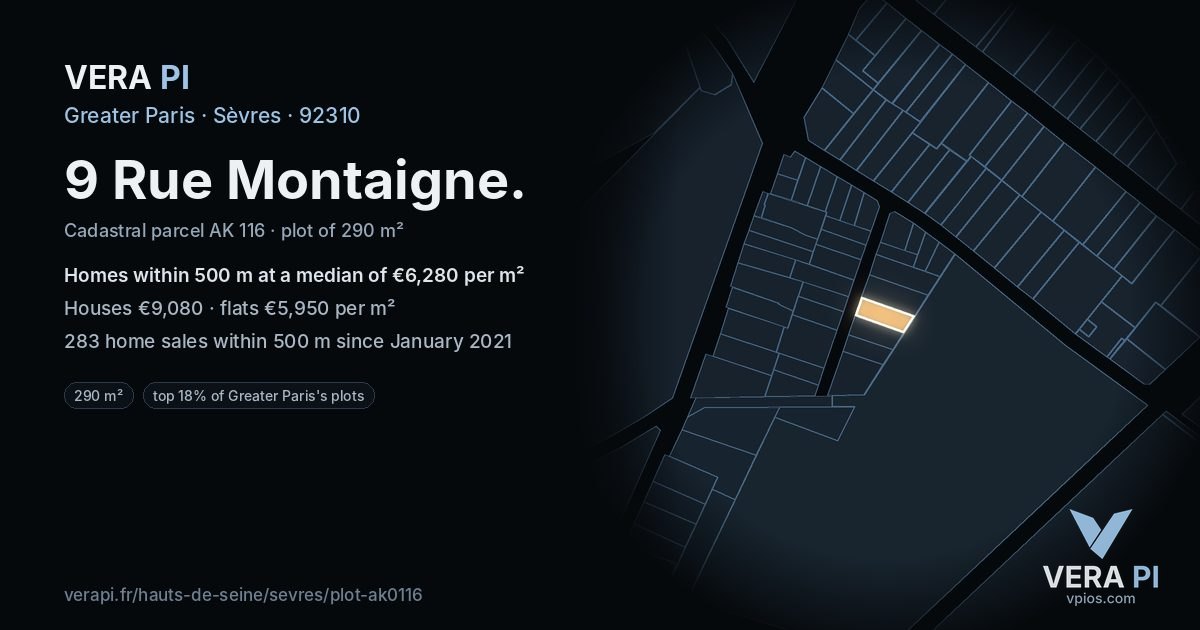 9 Rue Montaigne, Sèvres at night – the plot lit, the parcels around coloured by the prices near them
